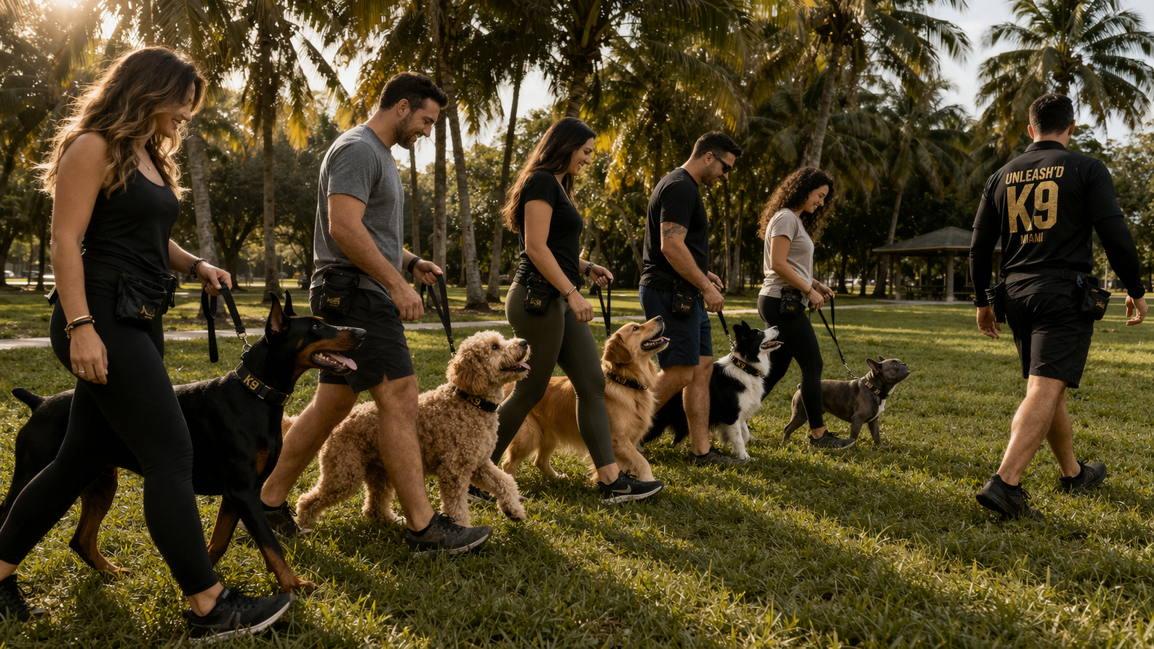 Group dog training class in Miami park with trainer and multiple dogs
