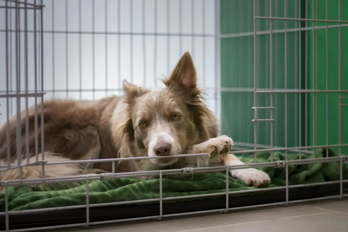 a dog laying on the floor next to a cage