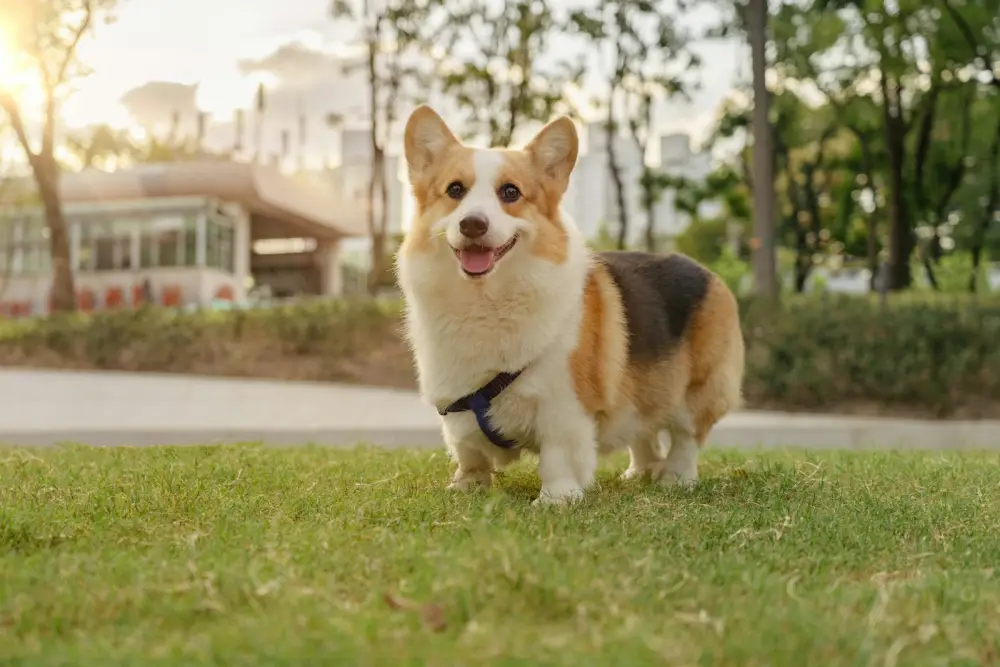 A happy corgi dog standing on grass in a park.