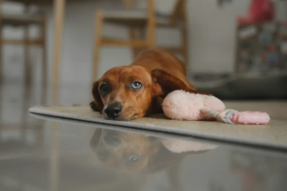 A dachshund puppy with heterochromia lies on a rug.