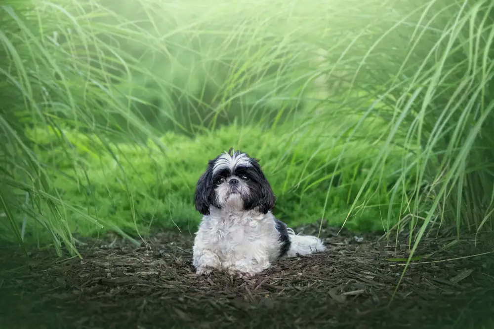 A small dog rests in a hole in the grass.
