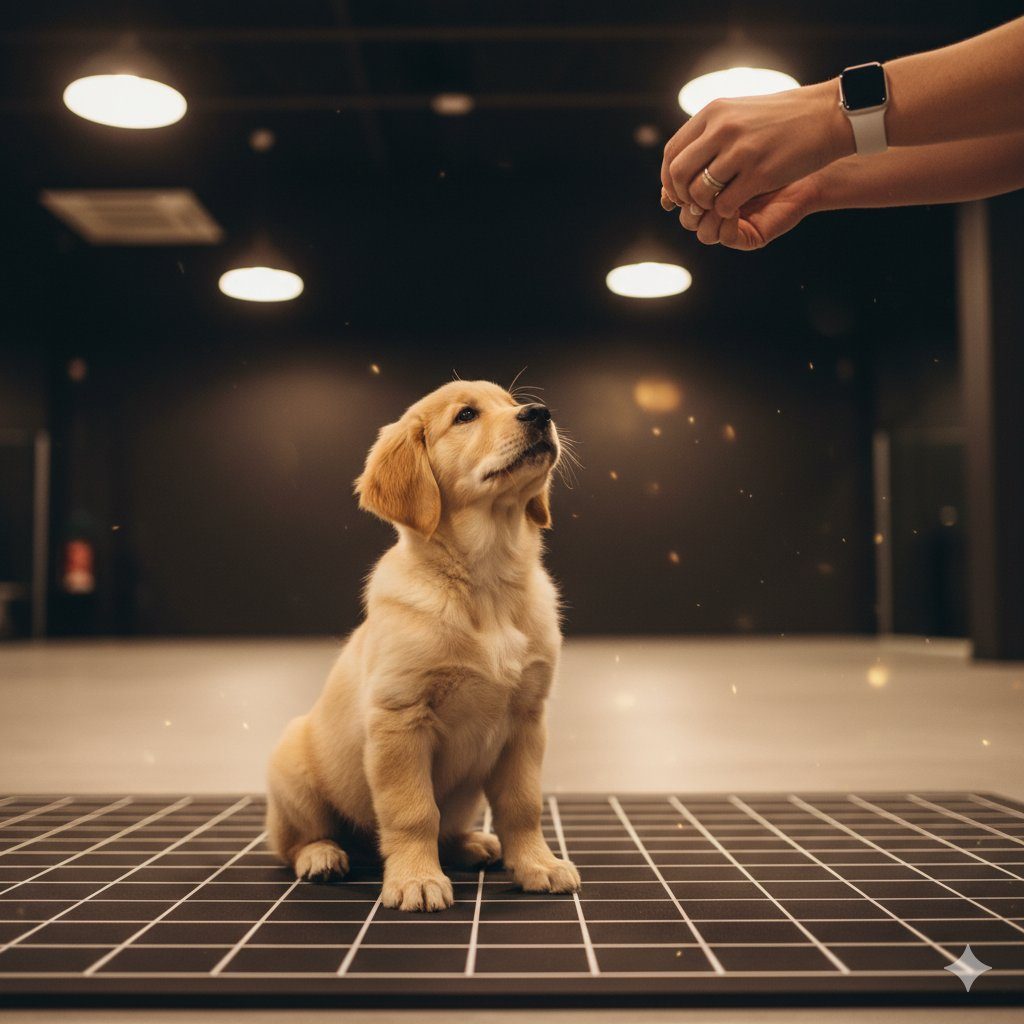 Treinador profissional com cachorro em tapete de treino