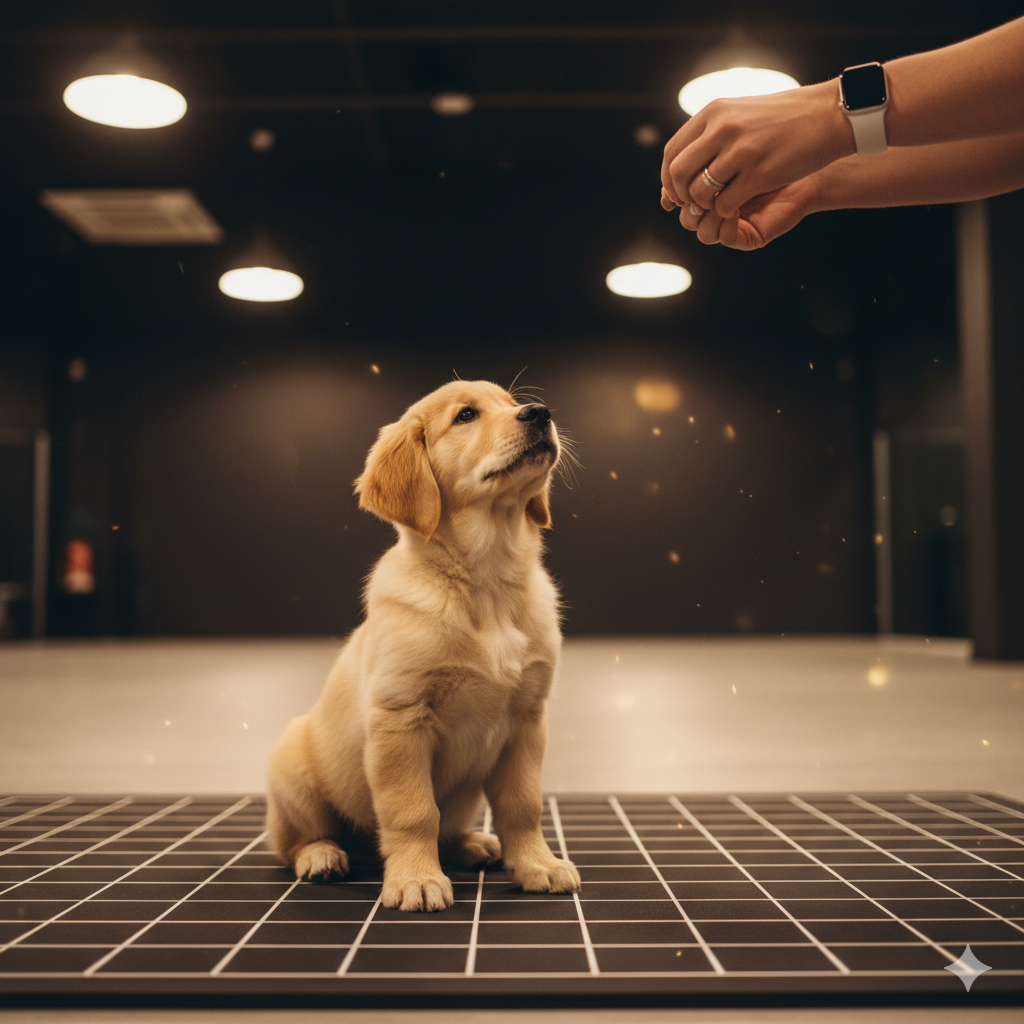 Entrenador profesional con cachorro en tapete de entrenamiento